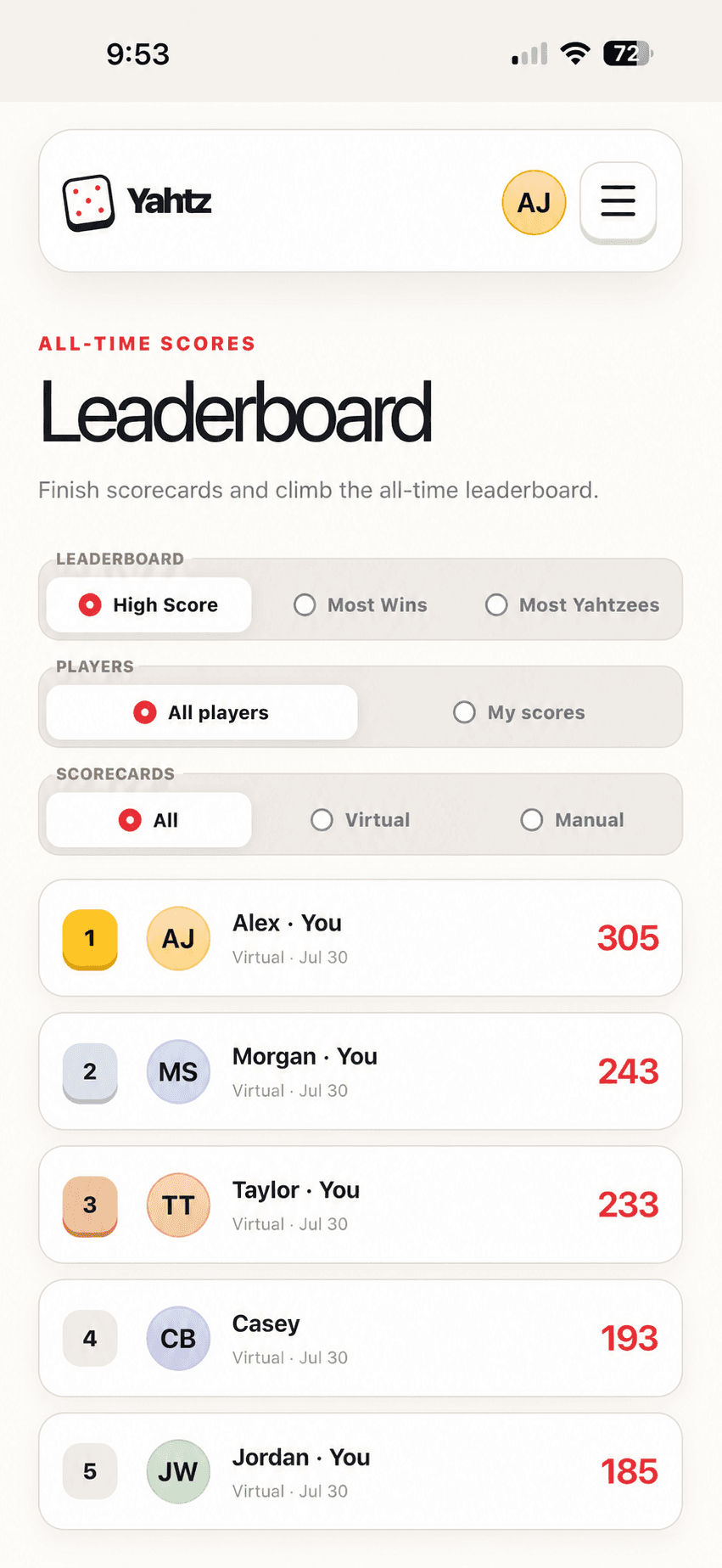 Yahtz mobile leaderboard with fictional player names and all-time scores.