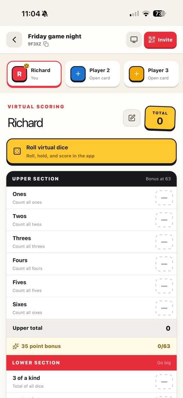 Yahtz mobile scorecard for an active Friday game night.